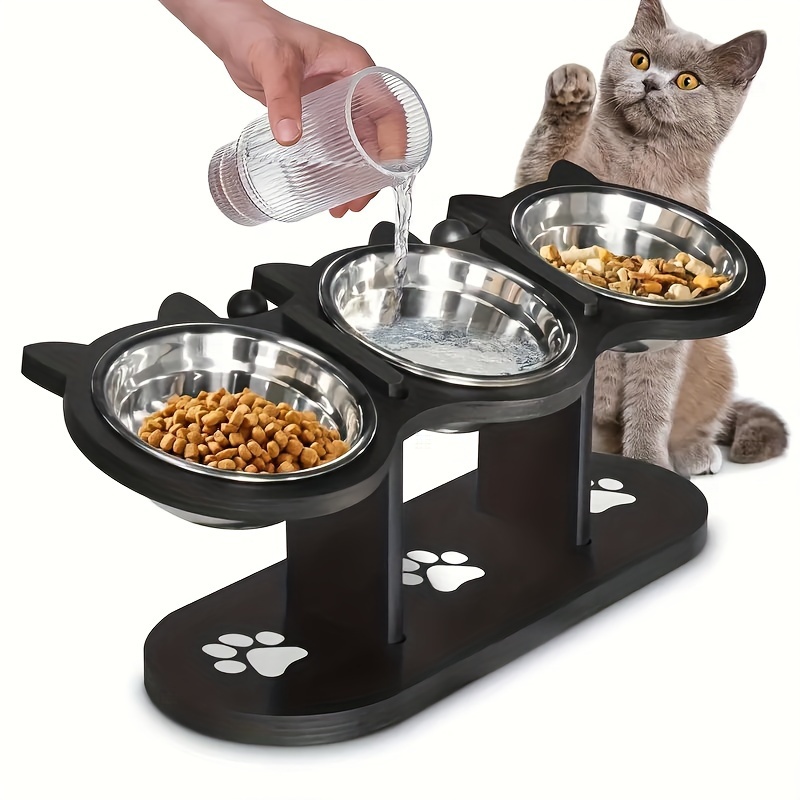 

1pc Adjustable Wooden Cat Feeding Station - Multi-functional 3-bowl Stand For Food, Treats, And Water - Pet Feeder For Cats, Neck , No Crunching Design, Without Battery