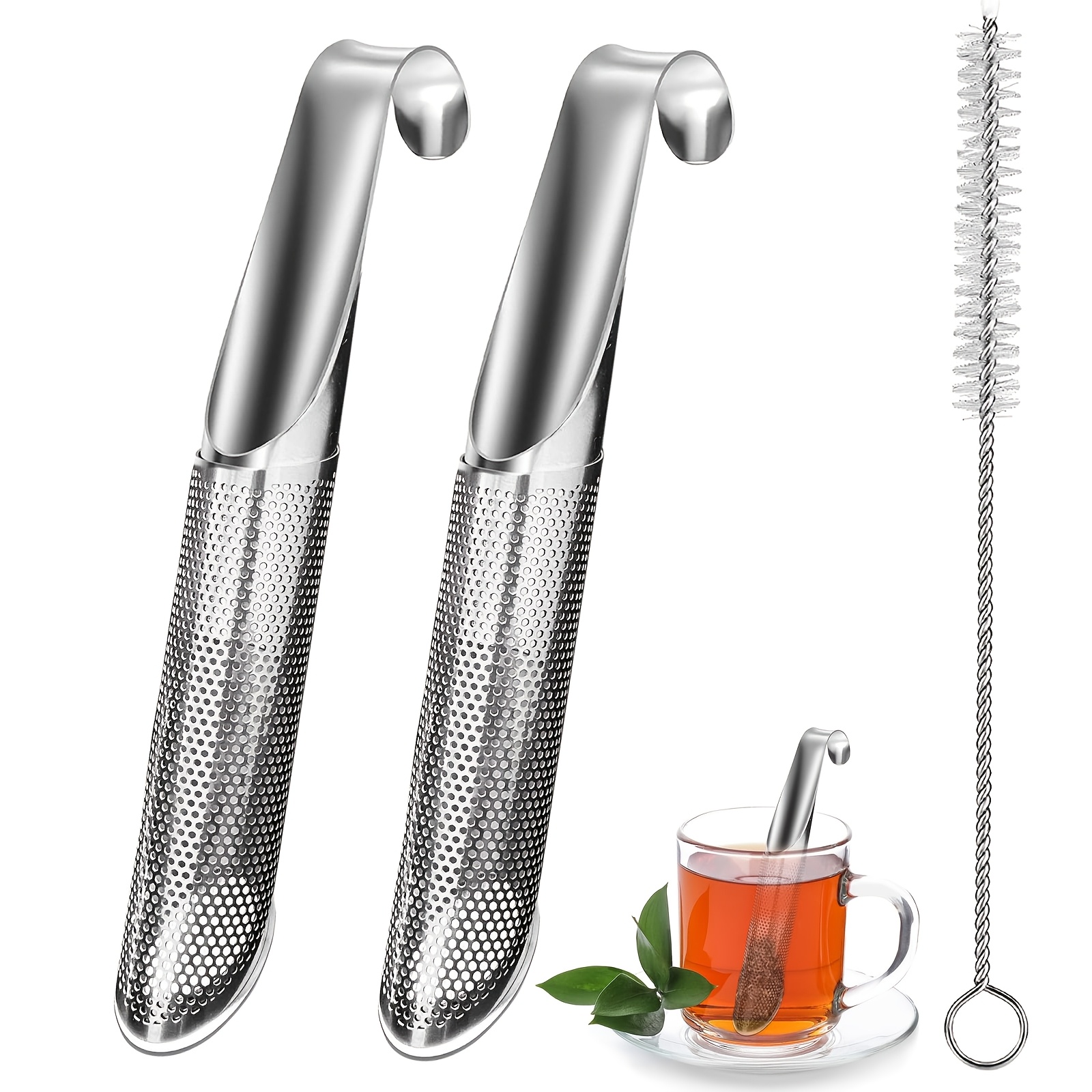 3개 세트 스테인리스 티 인퓨저 세트 - 메쉬 스트레이너, 체인, 청소 브러시 포함 다기능 루스 리프 티 준비 도구|광택 마감|내구성 있는 메쉬 디자인