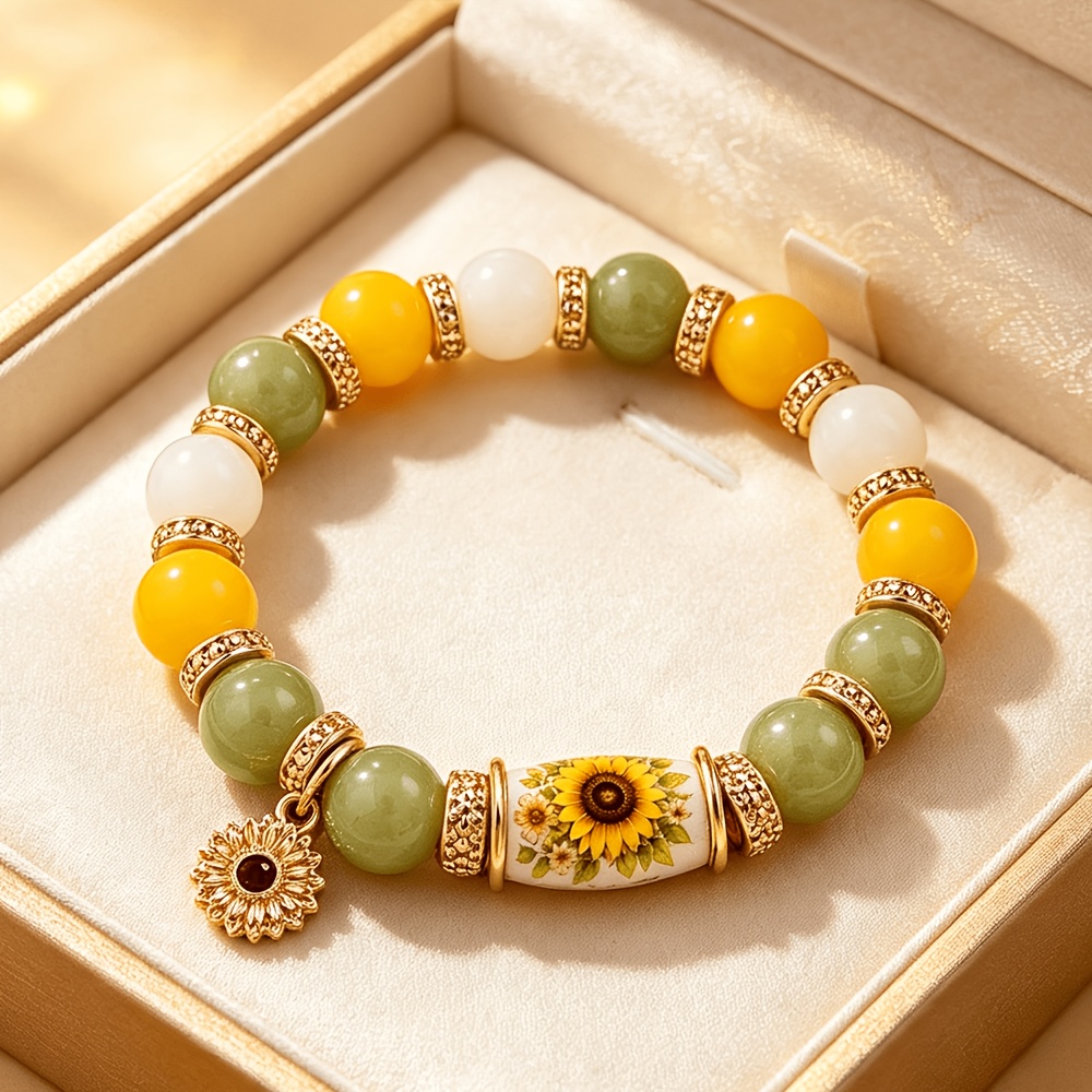 TEMU Women's Handmade Bead Bracelet, Fresh Sunflower Floral Pattern, Elastic Bracelet With Contrasting Warm Beads, Suitable For Daily , , Vacation,