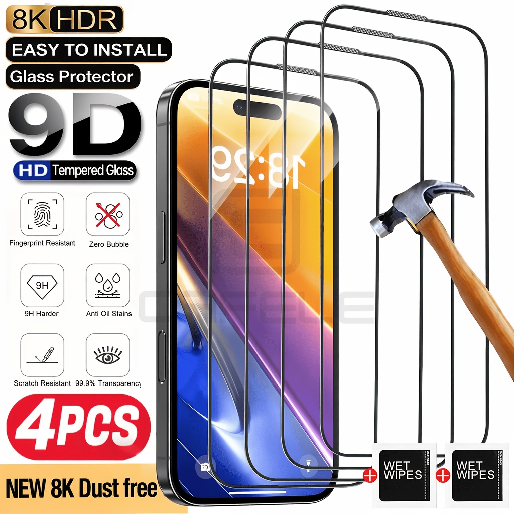 4pcs Ultra Hd Tempered Coverage Screen Protector For Iphone 17 Pro Max/17 Pro/17e/16 Pro Max/16 Pro/16/15 Pro Max/15 Pro/14 Pro/14 6.1', 13/13 Pro 6.1'/12/11/xs Max/, Tough 9h+ Glass, Shatterproof