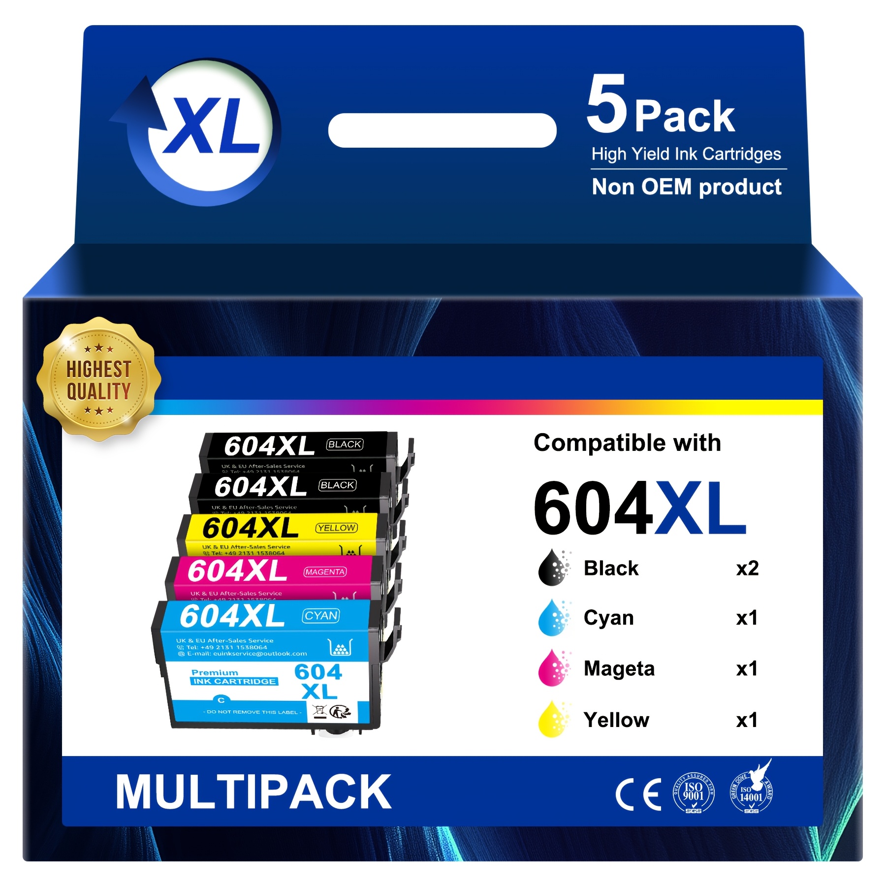 Image of Set Of 5 Compatible Xl Printer Cartridges 604, Including Black, , Yellow, And Magenta, Suitable For Models Like Xp 2205, Xp 3200, Xp 4200, Xp 3205, Xp 4205, And Workforce Wf 2930, Wf 2935, Wf 2910