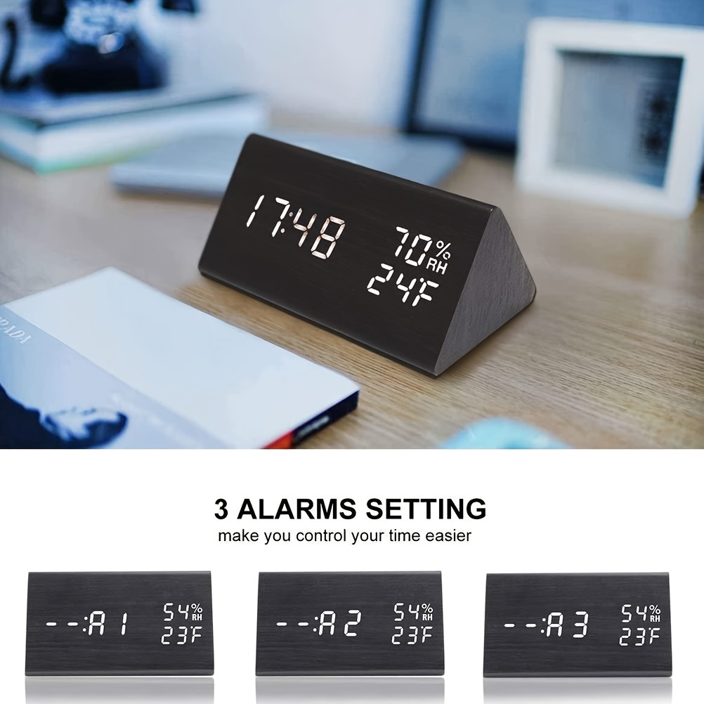 Wooden Triangular Bedroom Alarm Clock with Temperature and Humidity Display, Three Alarm Settings, and Adjustable Brightness, Suitable for Bedrooms, Study, Office, Bedside Table