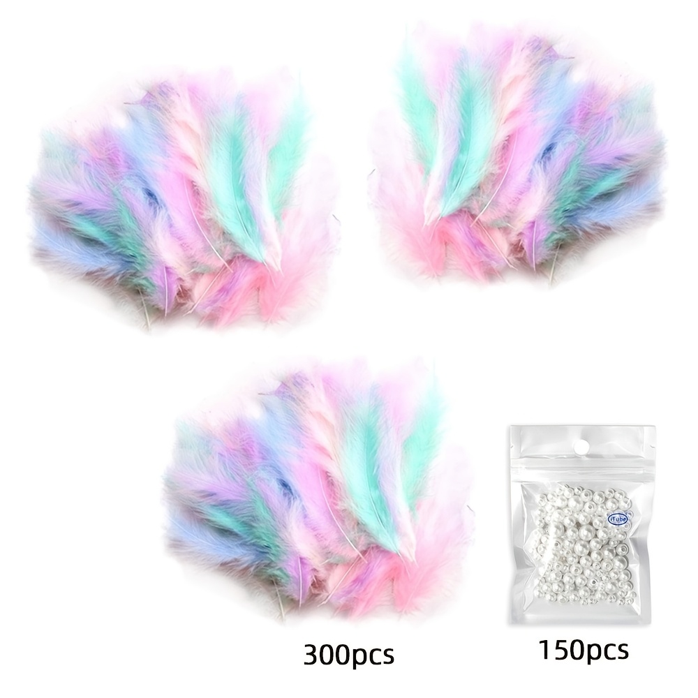 TEMU 450pcs Pastel Assorted Fluffy Set With 150pcs Pearl Beads, Soft Natural Decorative Feathers Craft Supplies For Wedding, Party, Home And