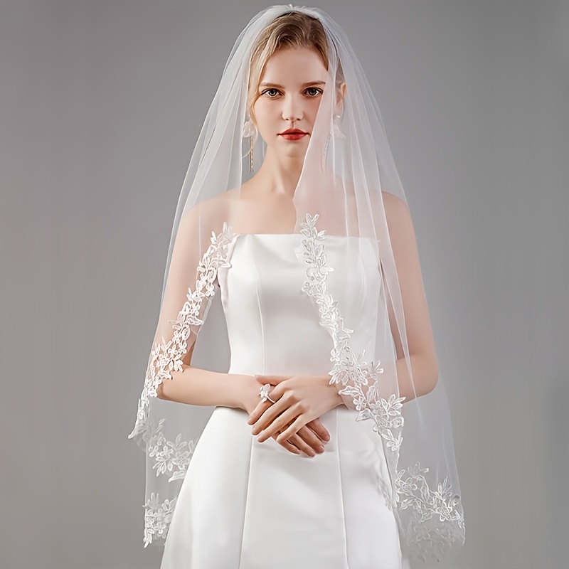 TEMU 2025 New Exquisite Single-layer Mid-length Lace Veil With Hair Comb, Soft Tulle Headpiece For European And American Wedding Ceremonies, Banquet