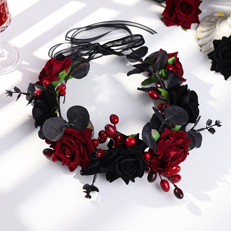 Gothic Black Rose & Butterfly Wreath Headpiece