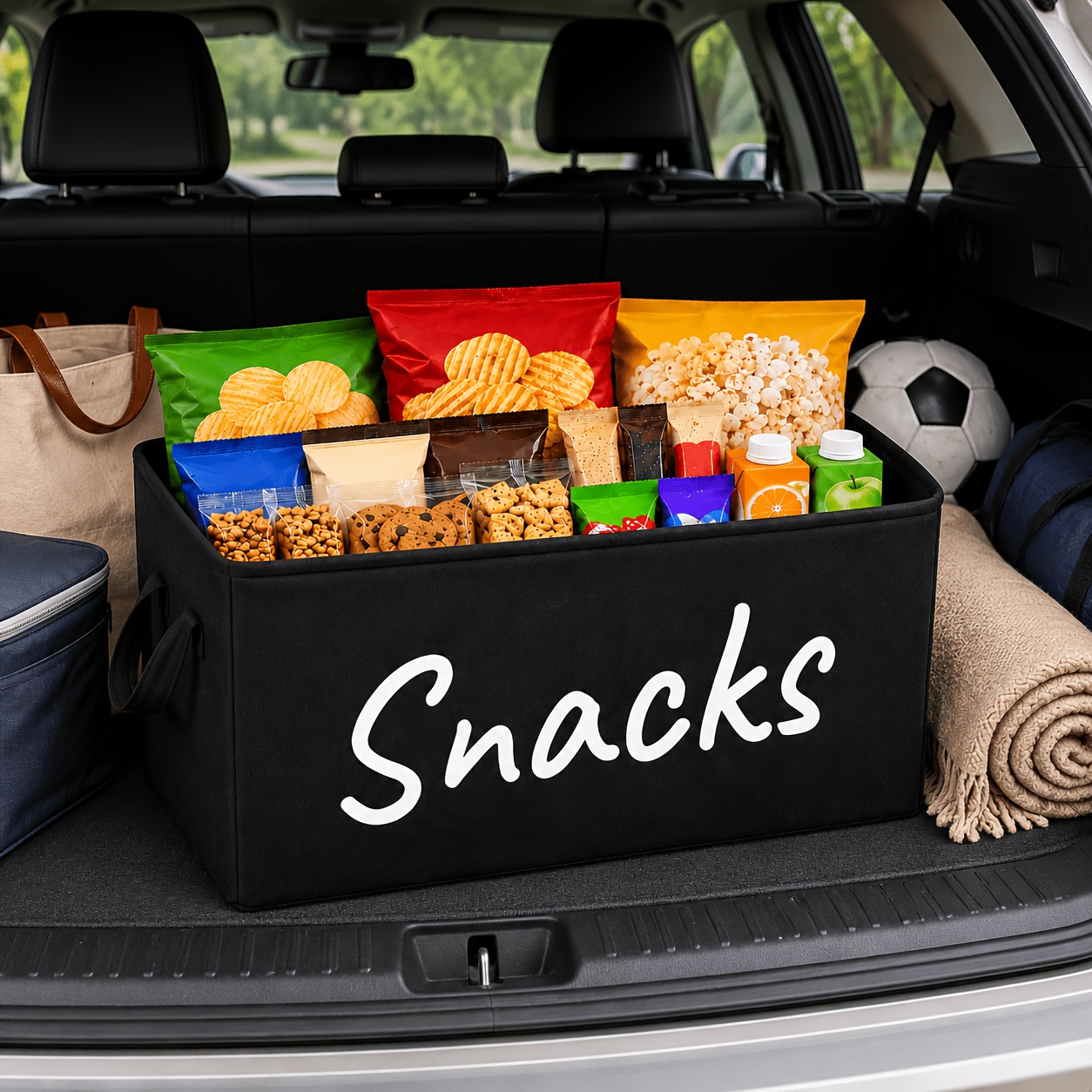 TEMU Large Snack Organizer Basket With Handles, Black Fabric Storage Bin For Chips, , Candy, Drinks, Pantry Kitchen Cabinet, Office Desk, Car Travel