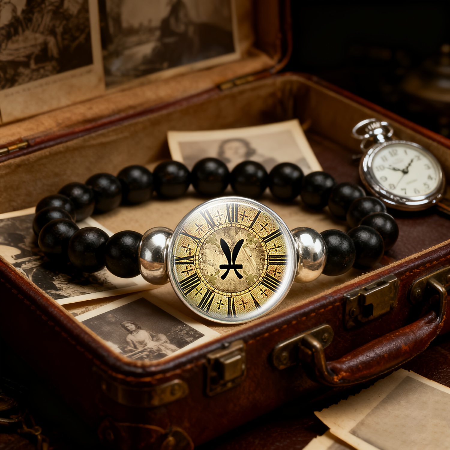 Vintage Roman Numeral Clock Dial Bead and Chain Bracelet