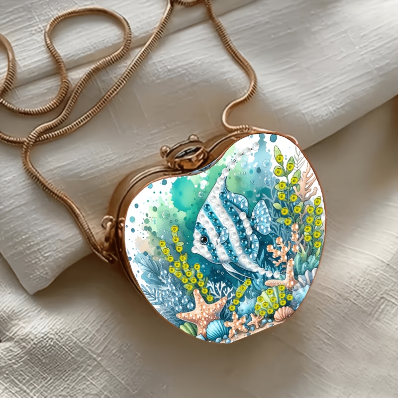 TEMU Diamond Painting Mini Shoulder Bag - Tropical Fish Theme, Heart-shaped Design, Portable Chain Clutch For Women, Creative Gift For