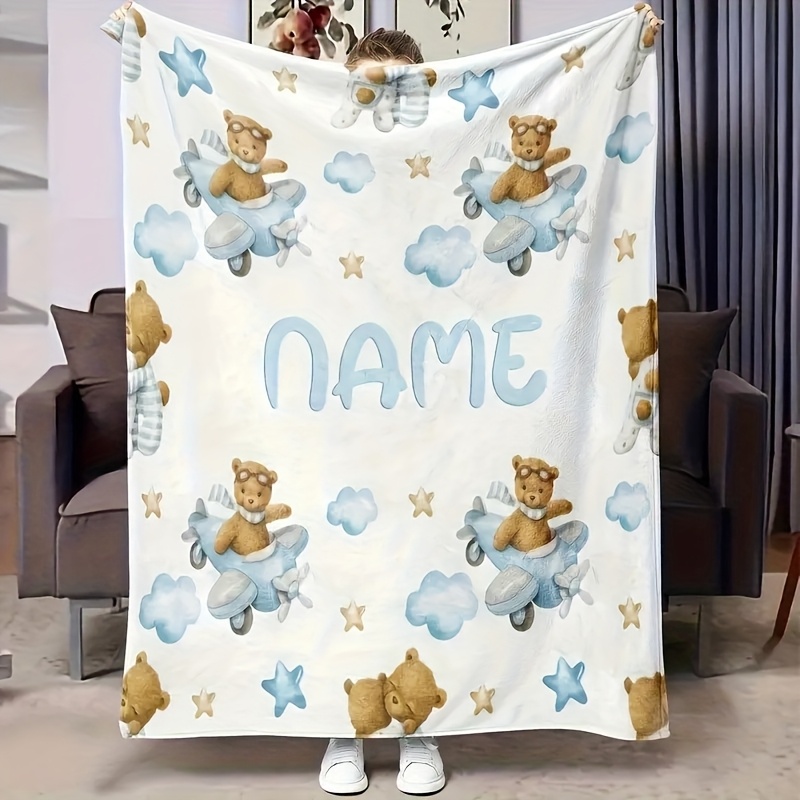 

1pc Name Personalized Bear Airplane Flannel Blanket, , Hypoallergenic Washable, Tear , For Adults, , , - Blanket For Bed, Sofa, Bedroom Decor, Pet-