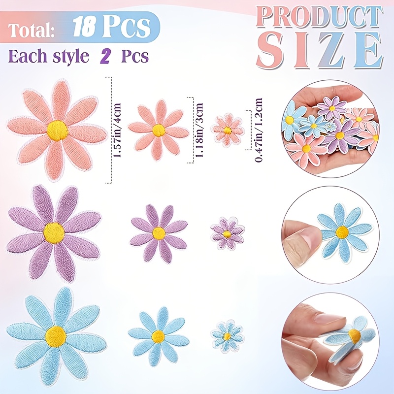 E-shop Set mit 18 Gänseblümchen-Aufbügler in 3 Größen, bezaubernde, farbenfrohe Blumen-Stickapplikationen für Hüte, Rucksäcke, Schuhe, T-Shirts,