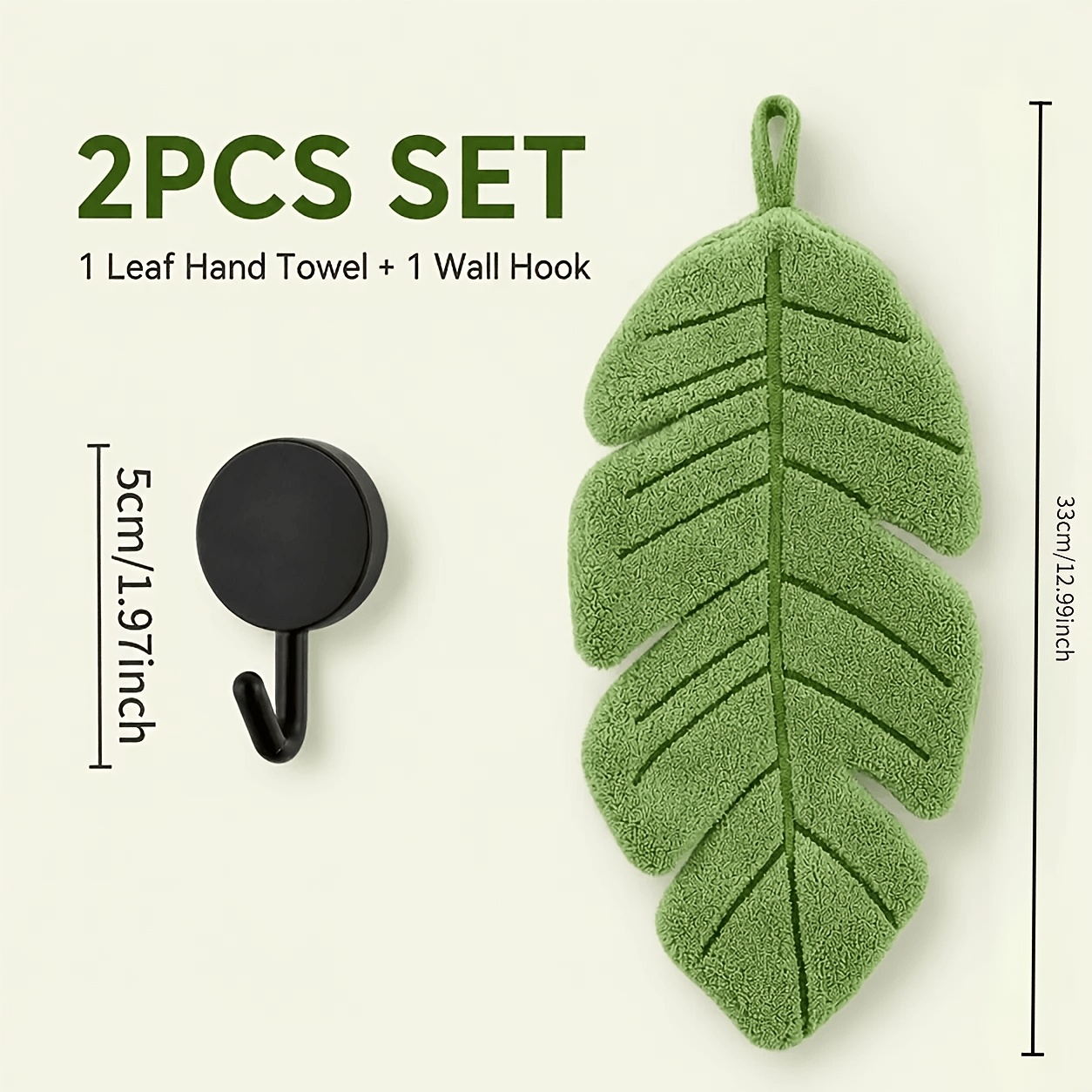 2pcs Set (leaf-shaped Hand Towel And Wall Hook), Soft Absorbent Hanging Towel, Suitable For Bathroom, Kitchen, Home Decor, Gift For Plant Lovers, , Hangable, Single-sided Leaf Texture Design