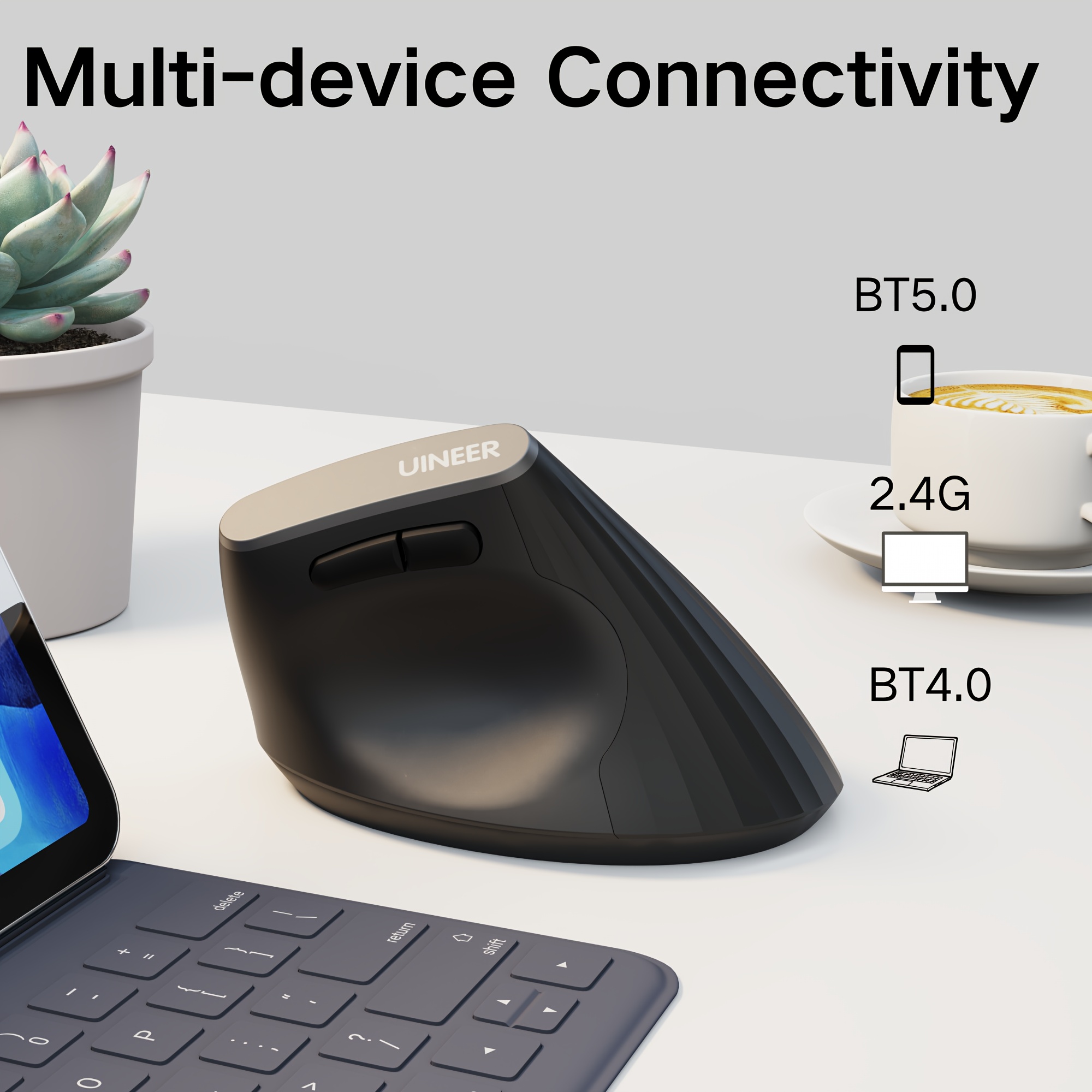 UINEER Wireless Rechargeable Mouse Compatible for 10 - Wireless 4.0/5.0/USB Mode, Vertical Ergonomic Right-Hand with Visible Battery Display, 6-Button Computer Mouse (Type, Plug & Play)