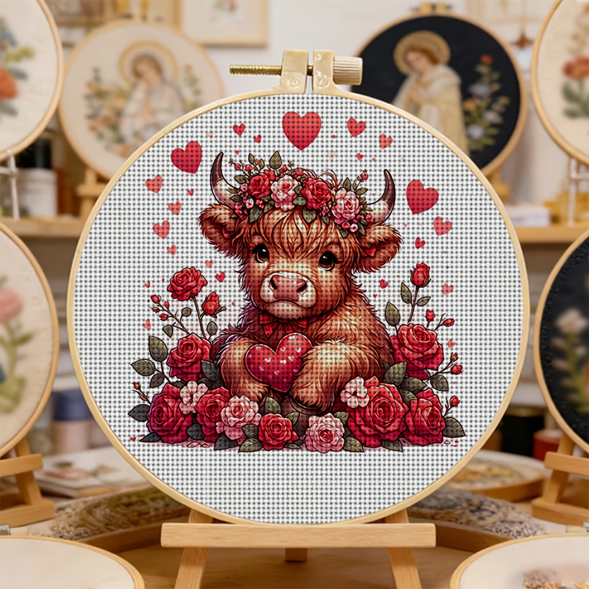 Round DIY Cross-Stitch Printed Kit with Embroidery Hoop