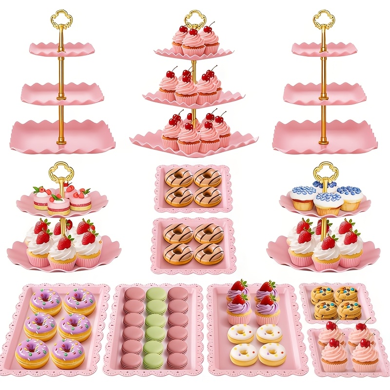 TEMU Plastic Cake Stand, 12pcs Pink Dessert Table Display Set, 3-layer Cake Tower And 2-layer Cake Stand, Suitable For , Candies, , Baby Showers,