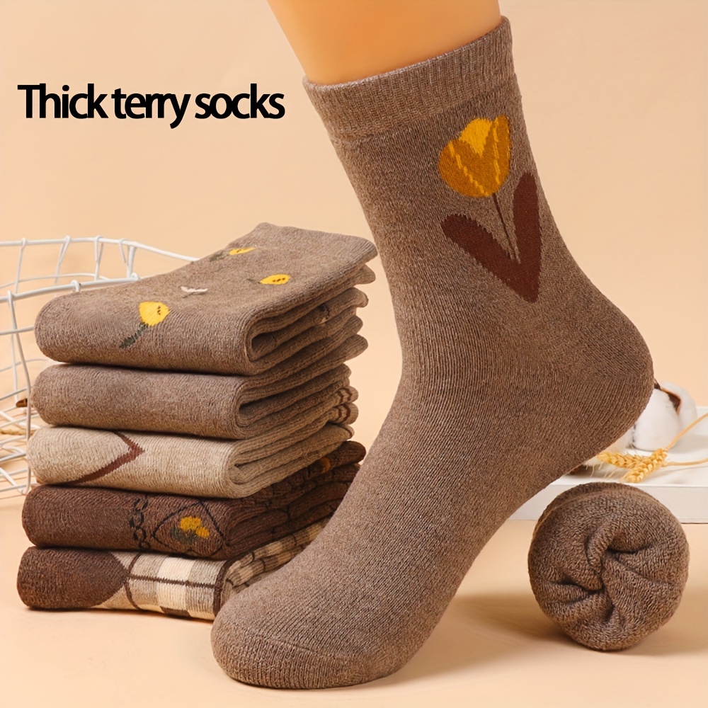 

5 Pairs Tulip & Striped Socks, Vintage Style Terry Thick Mid Tube Socks For Fall & Winter, Women's Stockings & Hosiery