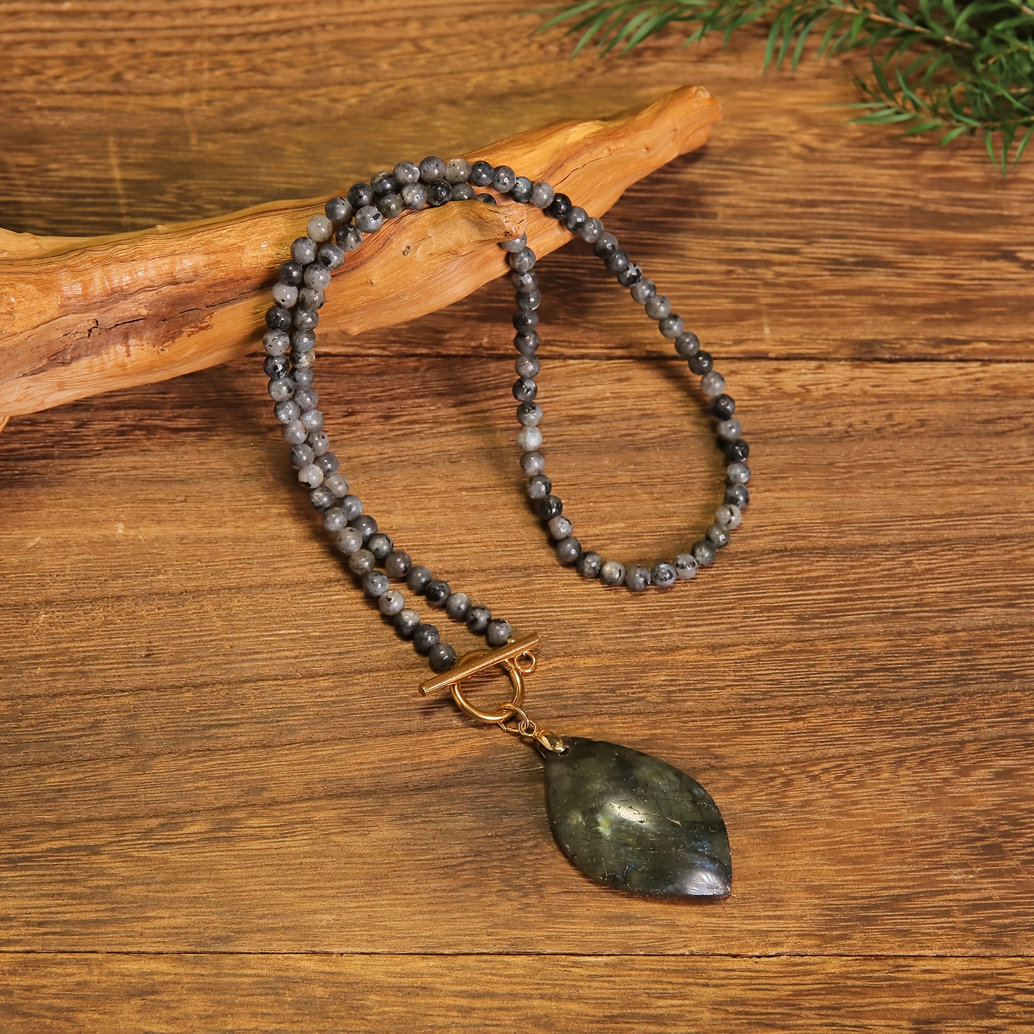 Men's Labradorite Beaded Necklace with Golden Toggle Clasp