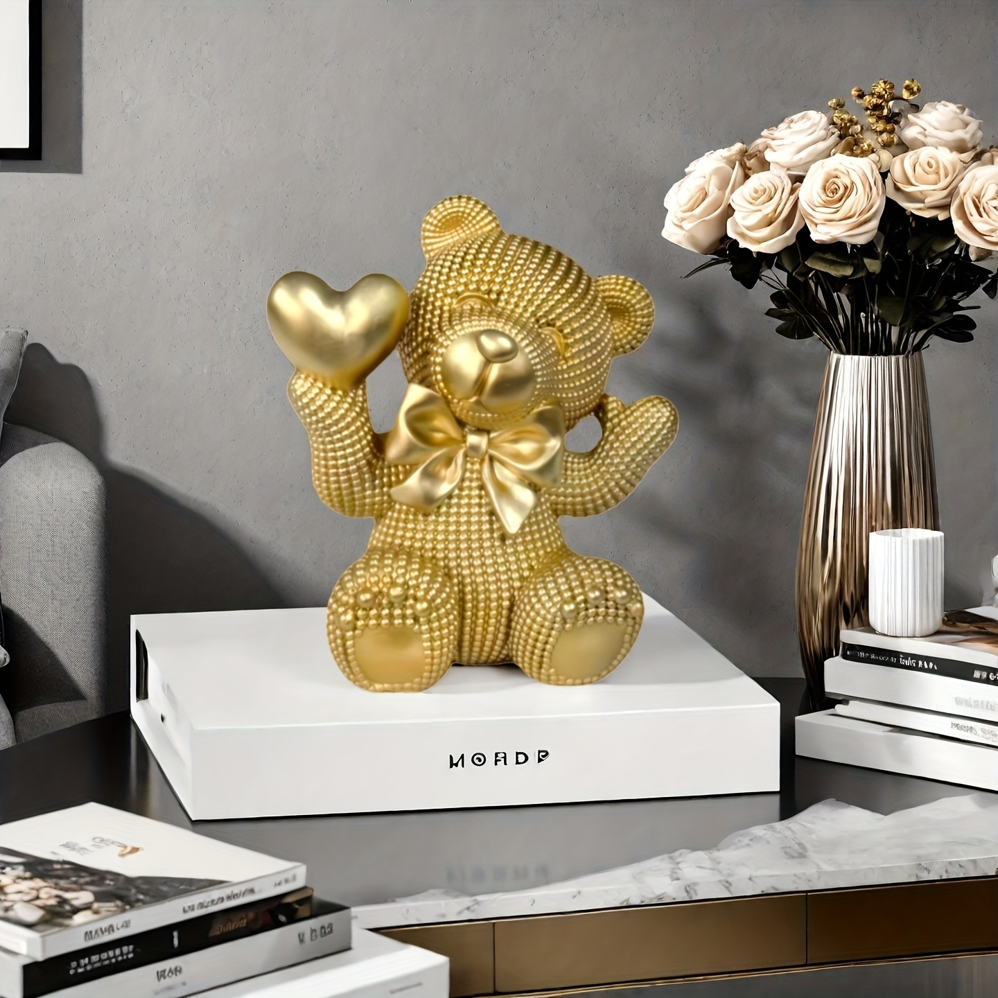 TEMU 1 Golden Glittering Beaded Teddy Bear Statue - Resin Handcrafted Art Heart Bear Sculpture, Perfect For Home, Office, Wedding, Or Valentine's Day