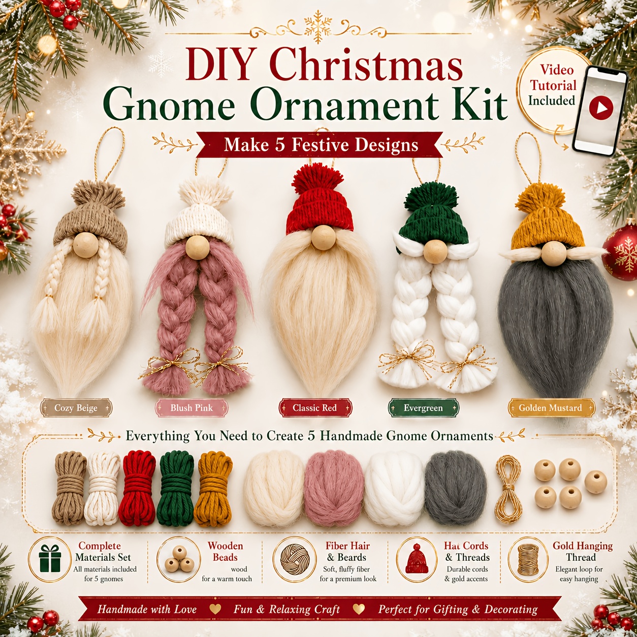 item picture christmas gnome ornament knitting kit 5 knitted ornament designs including all materials such as additions and yarn as well as   decorating materials and video tutorials not a finished product