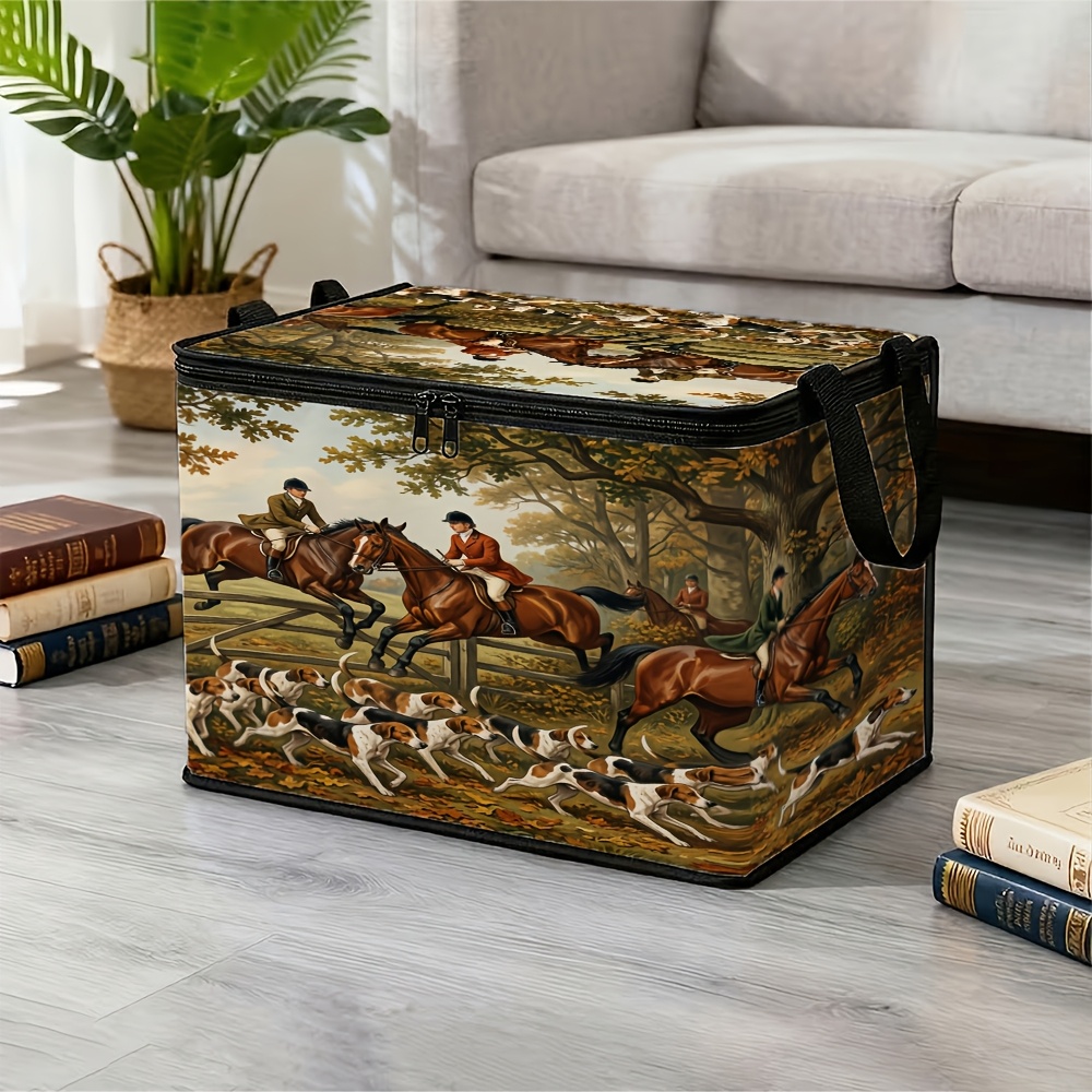 TEMU 1pc Traditional English Box—multifunctional Clothes Storage Box Hunting Equestrian Hound Landscape, Made Of Sturdy Polyester Fabric. This