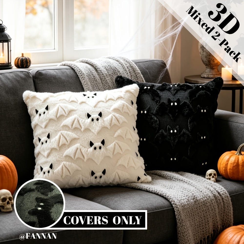 TEMU 2pcs Embroidered Bat Plush 3d Throw Pillow Covers 18x18 Inch Gothic Dark Decorative Cushion Covers For Halloween Holiday Party Living Room