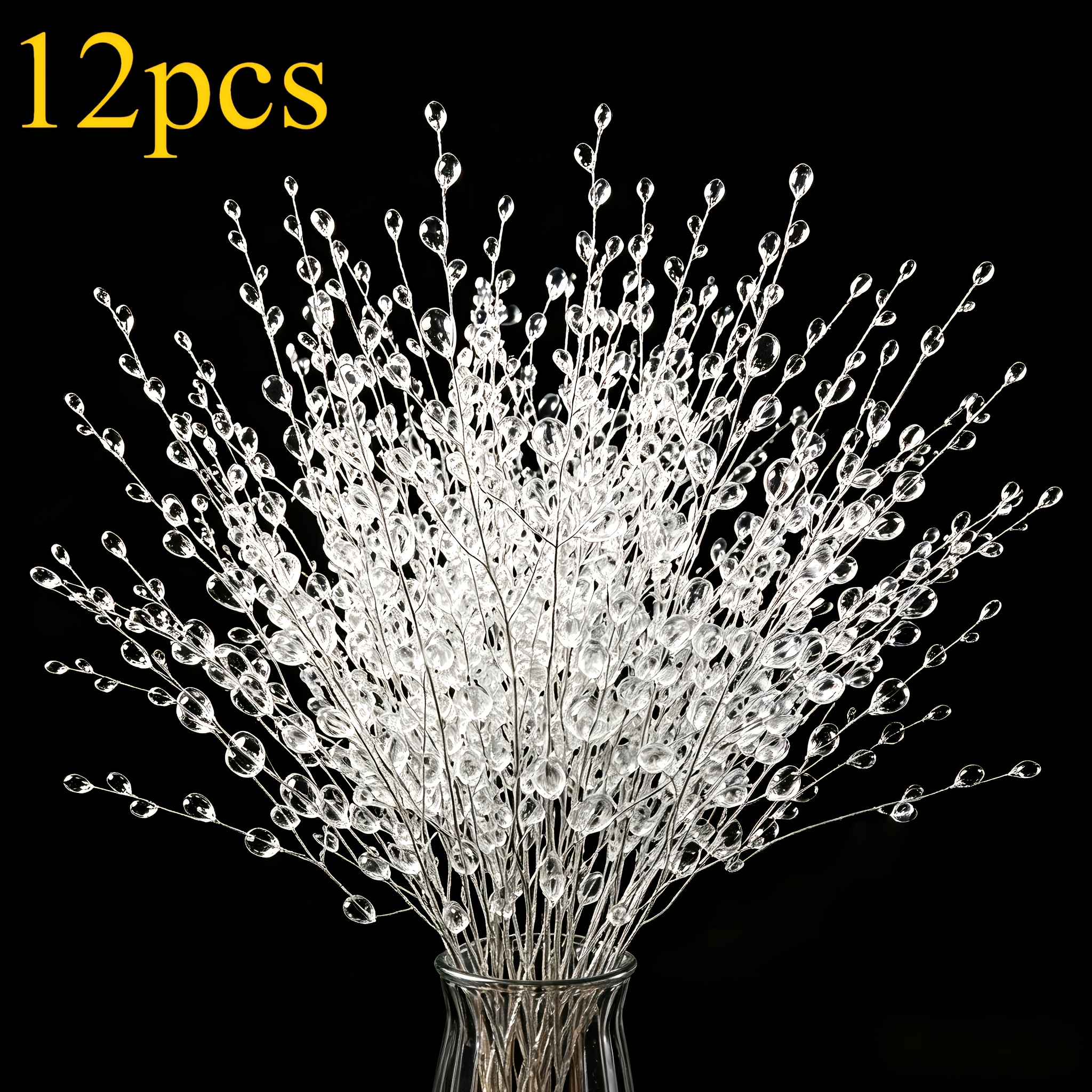 TEMU 12/24pcs Artificial Branches, Transparent Water-drop Shaped Acrylic Flower Stems, Silver Wires For Floral Arrangements, Suitable For Wedding