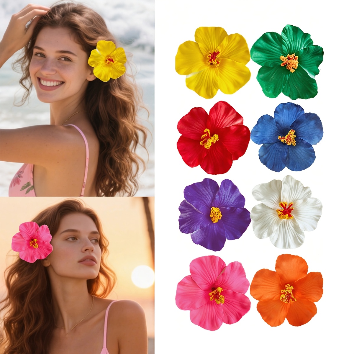 TEMU Random 2pcs Set Of Hawaiian Flower Hair Clips For Women, Artificial Flower Hair Clips, Hibiscus And Hair Clips, Suitable For Parties, Summer