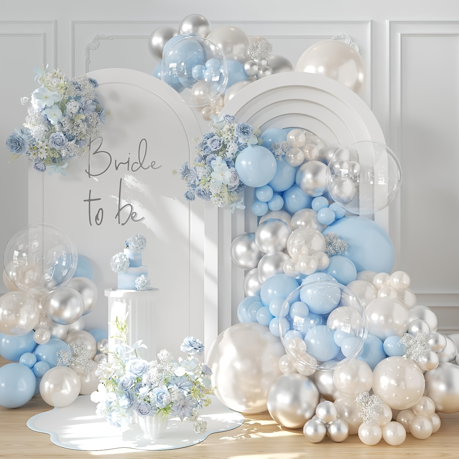TEMU And White Balloon Garland Arch Kit, 112pcs Light Blue Silver White Balloons With Pearl Stickers For Birthday Wedding Shower Bridal Shower