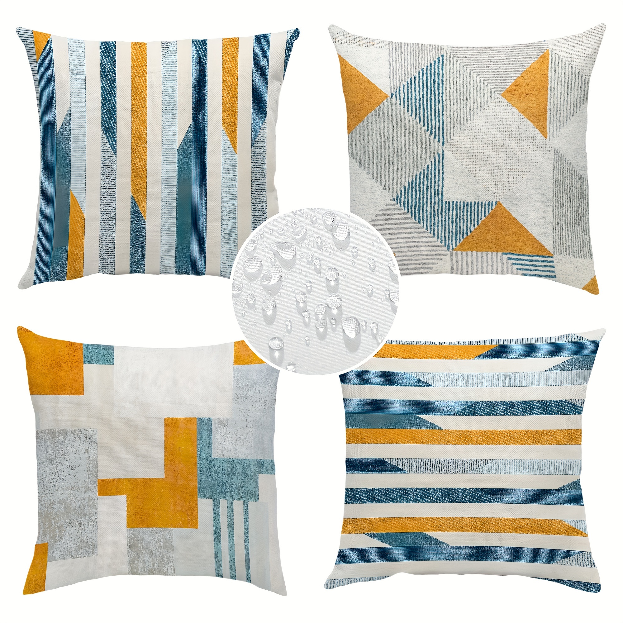 

4pcs Set Modern Abstract Geometric Throw Pillow Covers - Waterproof, Machine Washable, Zip Closure - Patio, Garden, And Outdoor Furniture Decor - Blue & Yellow, 18x18 Inches