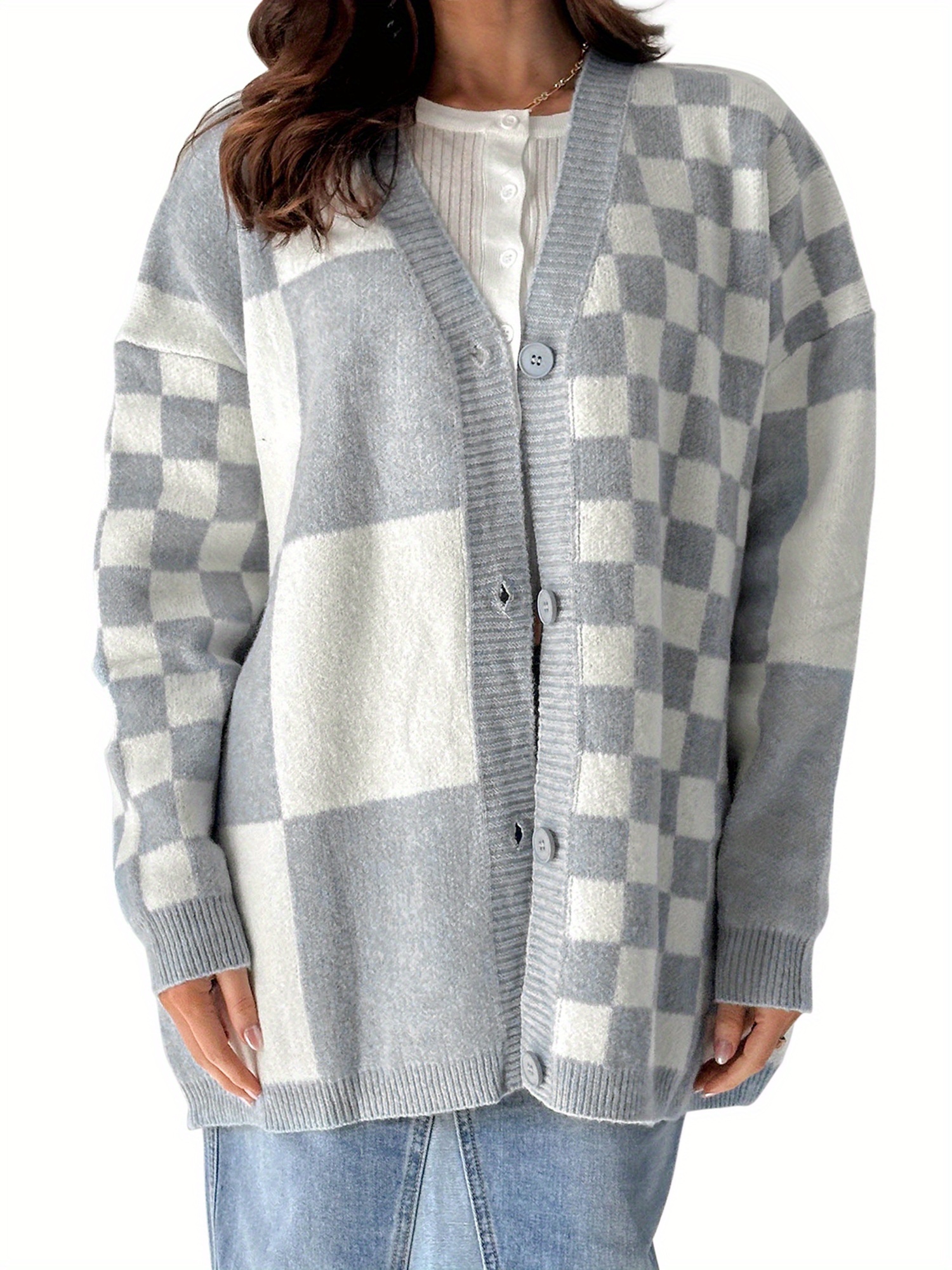 womens red white checkered knit cardigan long - Temu