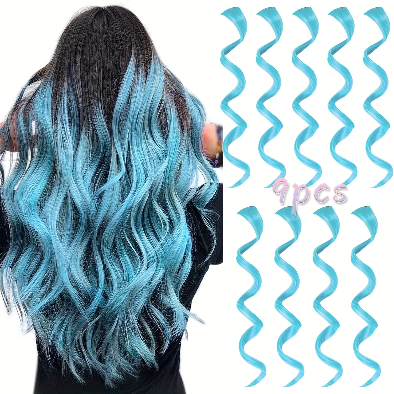 Image of 9pcs Rainbow Colored Hair Extensions Curly Wavy Clip In Synthetic Hair Extensions, Colorful Party Highlights Hairpiece Streak For Women
