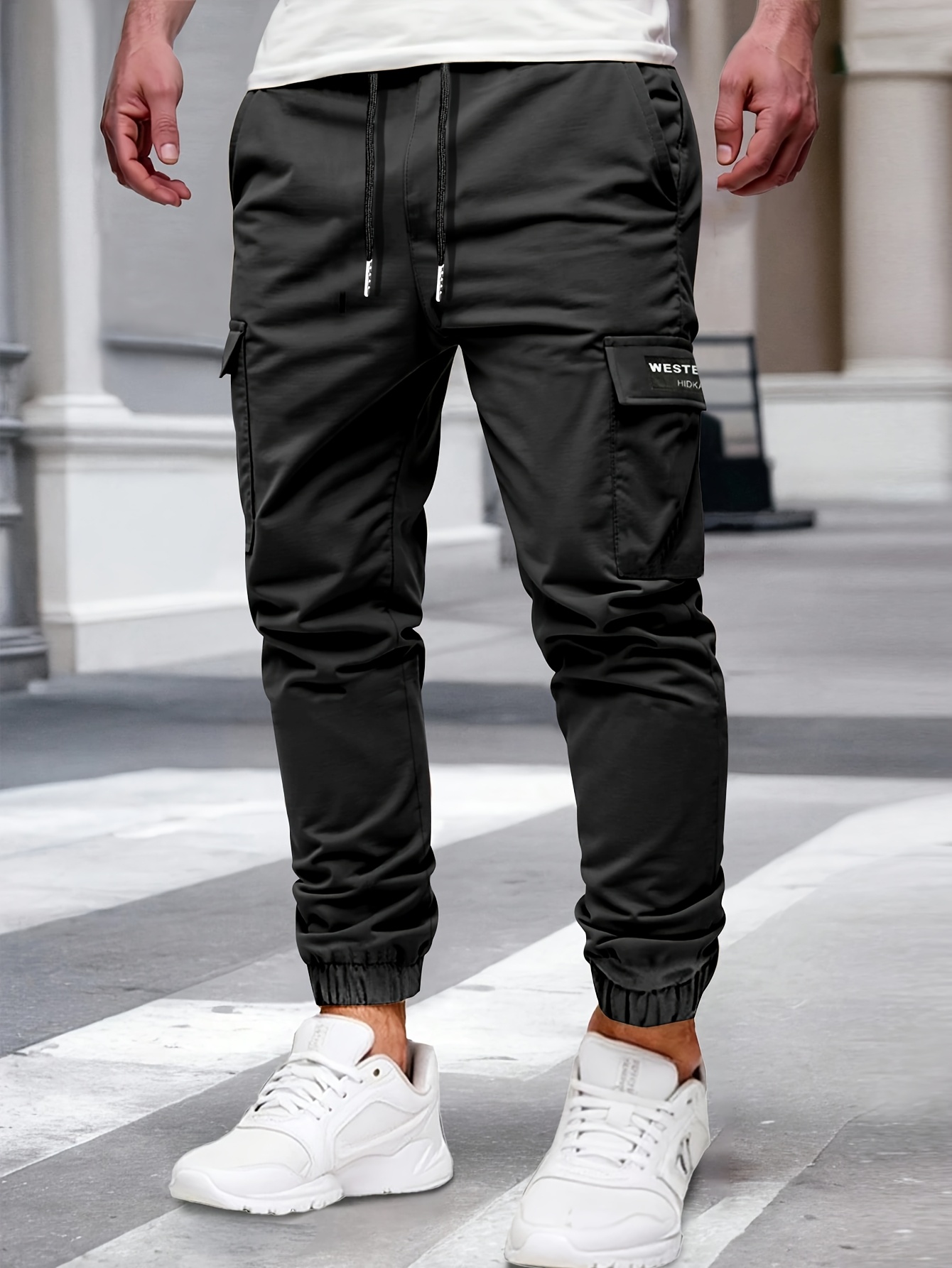 mens casual solid color cargo pants with elastic waist and side pockets comfortable for outdoor activities regular fit details 0