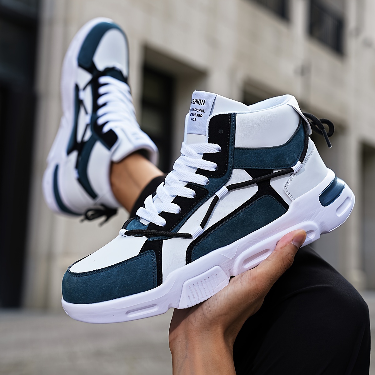 Men'S Front Strap Letter Pattern Contrast Color Double Shoelaces Fashion Design Outdoor Breathable High Top Casual Sneakers