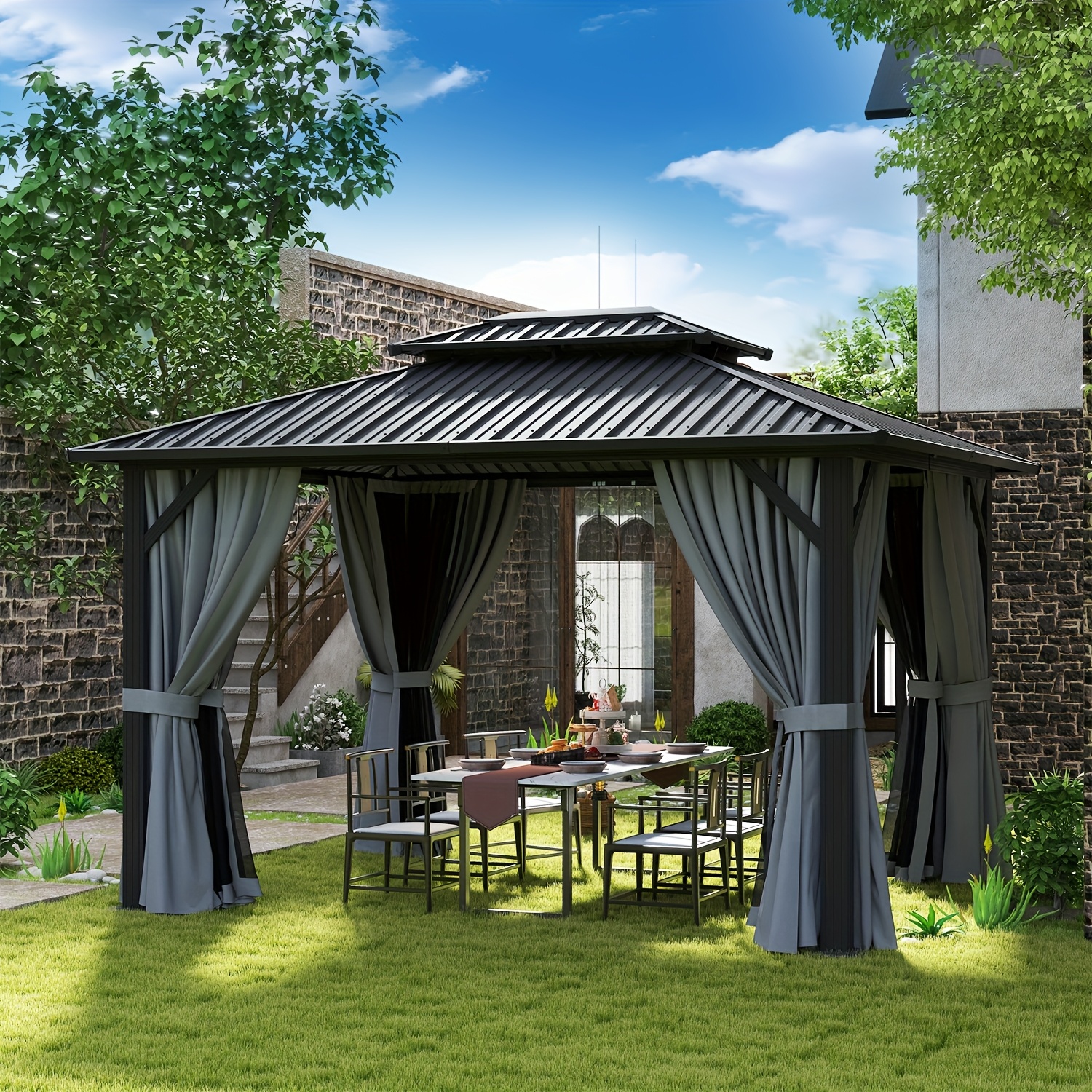 

Sonegra 10' X 12' Gazebo With Double Galvanized Steel Roof – Aluminum Frame Outdoor With Netting & Curtains For Patio, Deck & Backyard