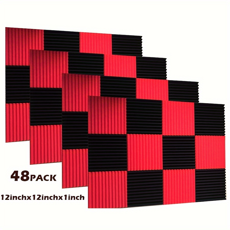 

48 panneaux acoustiques en mousse, 12x12x1 pouce, noir et rouge, carreaux muraux insonorisants pour studio, salle de musique, pièce, accessoires d'équipement d'enregistrement, matériau en mousse