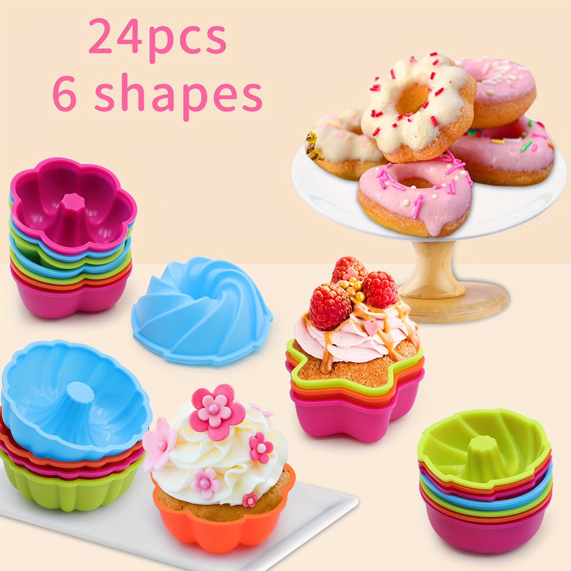 

24pcs, Silicone Molds, Nonstick Donut Mold, Suitable Donuts, Muffin, Snack Cakes, Also Good For Small Treats, Ice Cubes Mold, Mousse Or Soap Molds, Party Baking Supplies