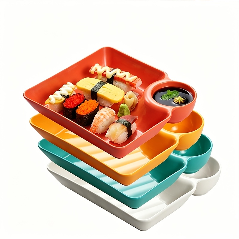 set of 4 compartmentalized plastic dipping sauce plates for dumplings and fries portable square pp sauce dishes   sushi taco serving plates outdoor camping picnic party tableware multi colored practical dinner plates
