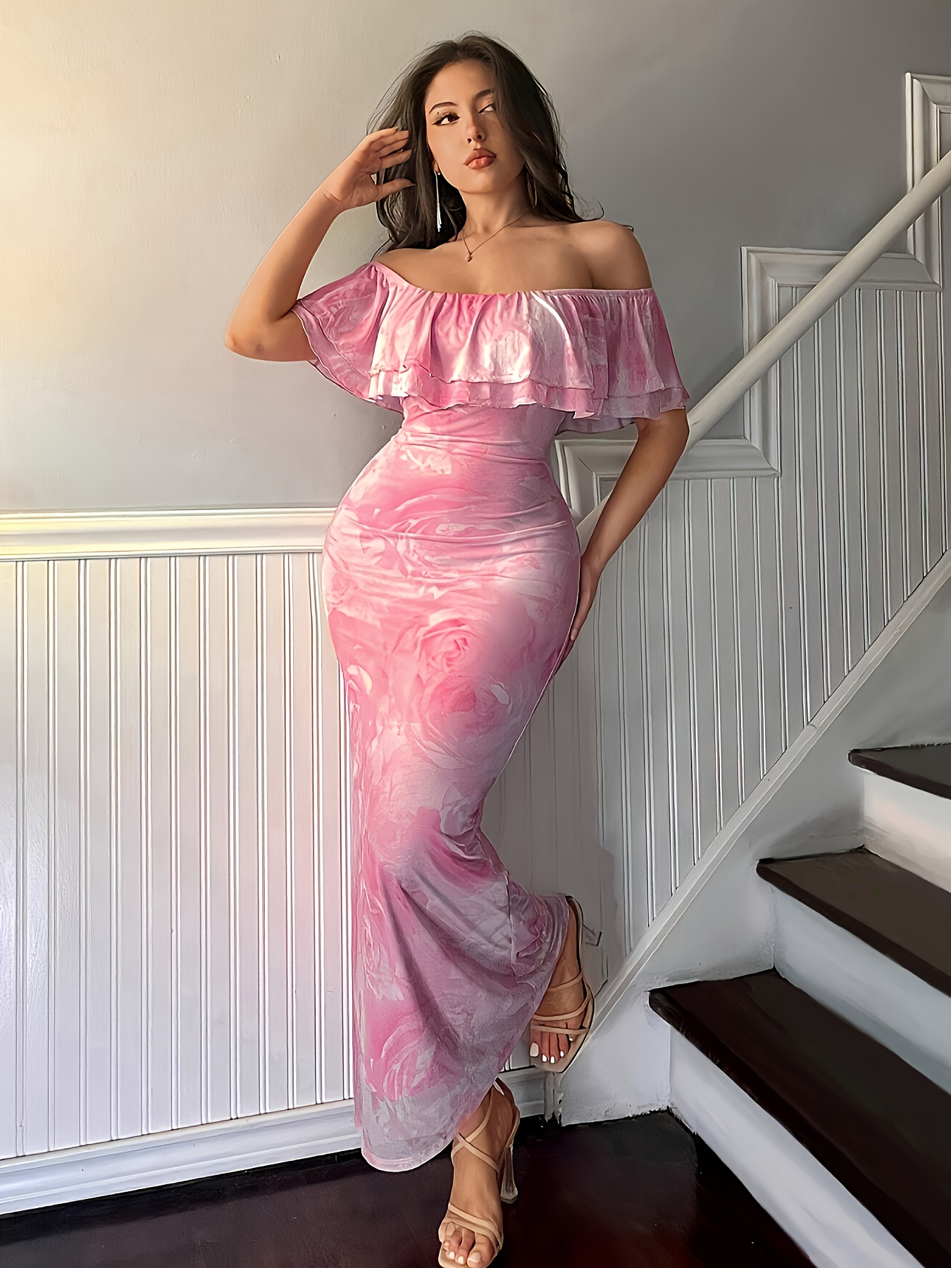 vestido flores hombros descubiertos mujer silueta ajustada Temu