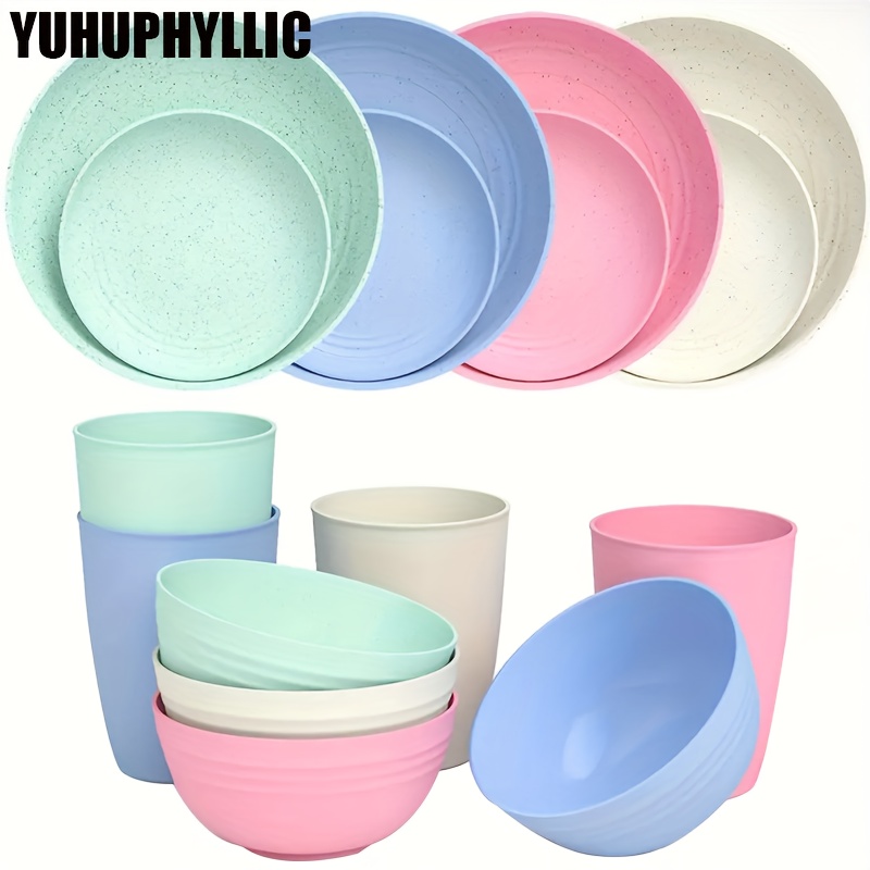 

16pcs Yuhuphyllic Plastic Cutlery Set - , Microwave & Dishwasher Safe, Includes Plates & Bowls In White, Pink, Green, Blue, Ideal For Dorms, Equipment & Supplies, For Students & Young Adults