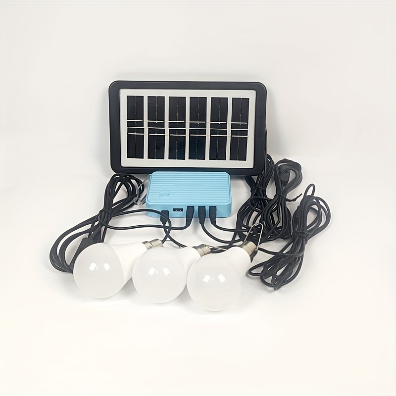 Panel solar de 3W con cable de 3 metros y caja de conversión de carga, más tres bombillas de bajo voltaje de 9W con cables de interruptor de 3 metros. Puede cargar teléfonos móviles. Adecuado para iluminación durante apagones, carga de emergencia de teléfonos, iluminación del hogar, iluminación