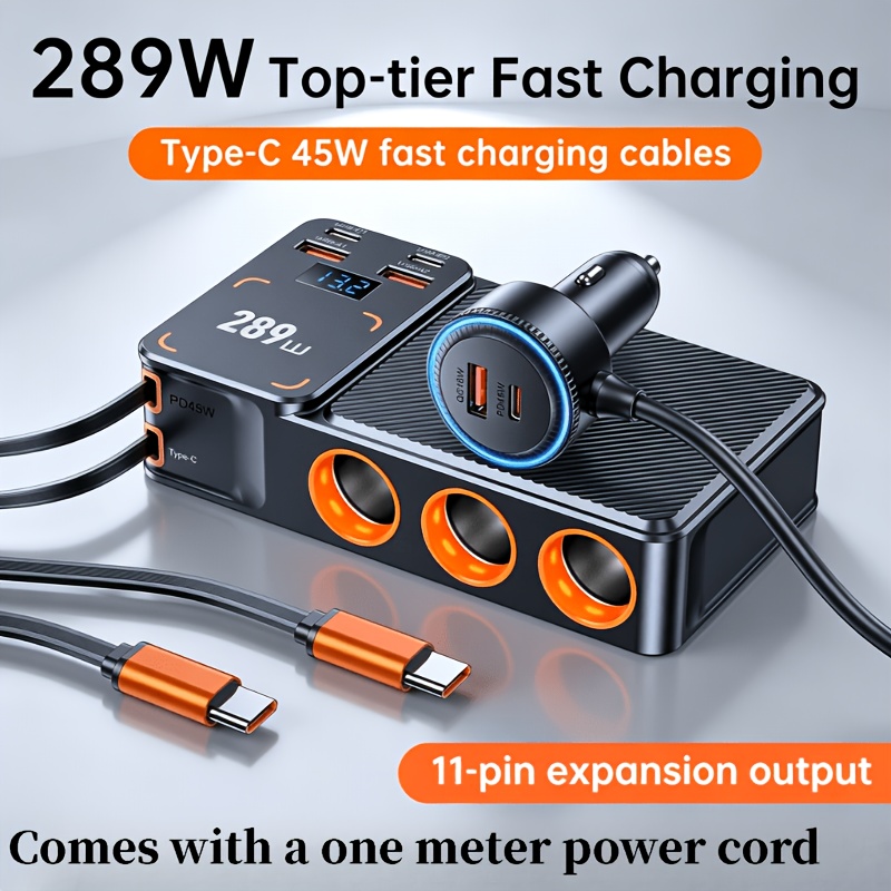 TEMU 289w New Car Extender, Multifunctional Car Charger, 2 Type-c45w Fast Charging Extension Cables&voltage Screen&blue Orange Led Lights, Suitable