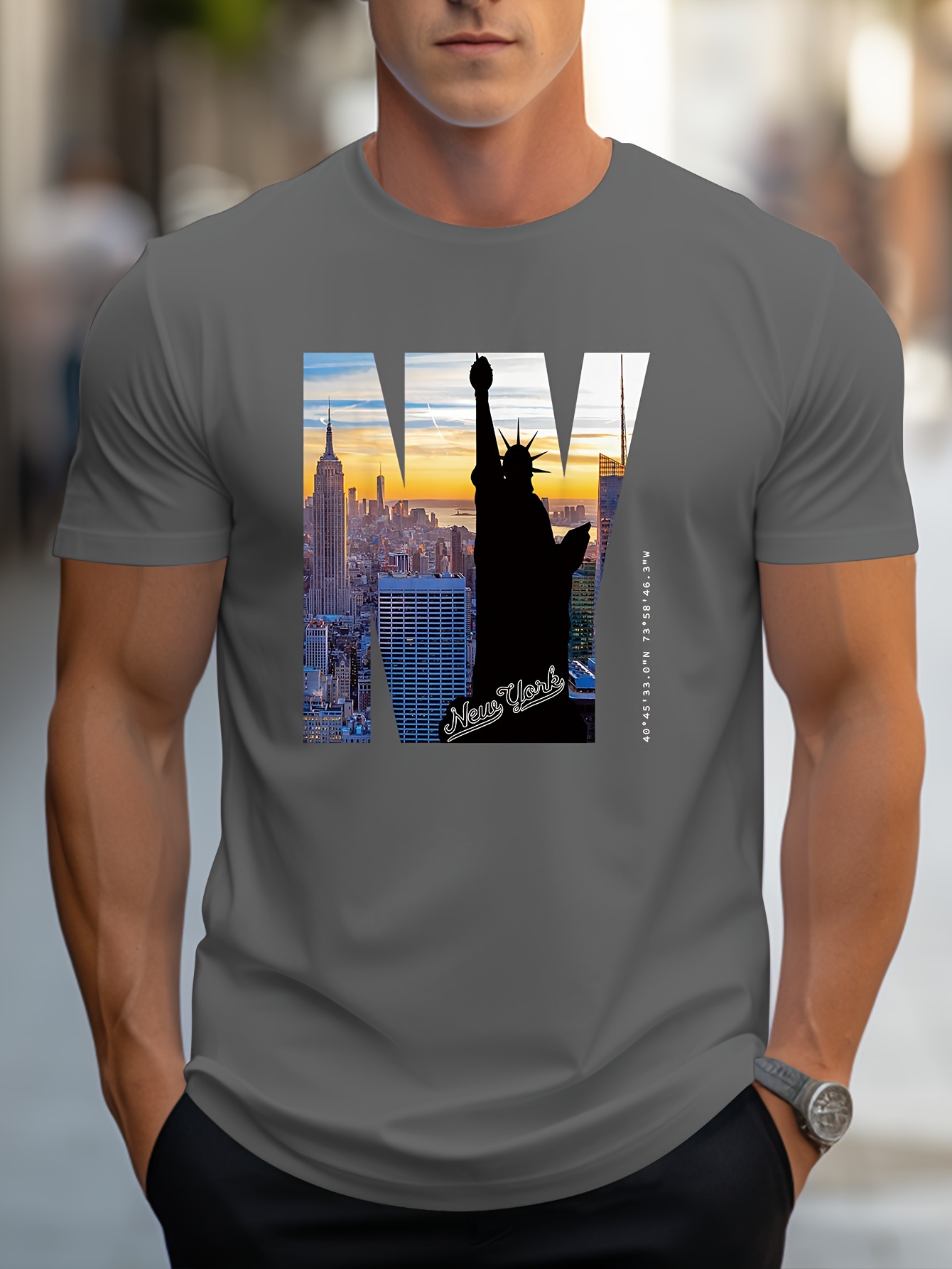 Men'S Casual Crew Neck T-Shirt with NY City Skyline Print, Alphabet Slogan, Polyester Knit Fabric, Slight Stretch, Regular Fit, Summer Wear - MBDMBD
