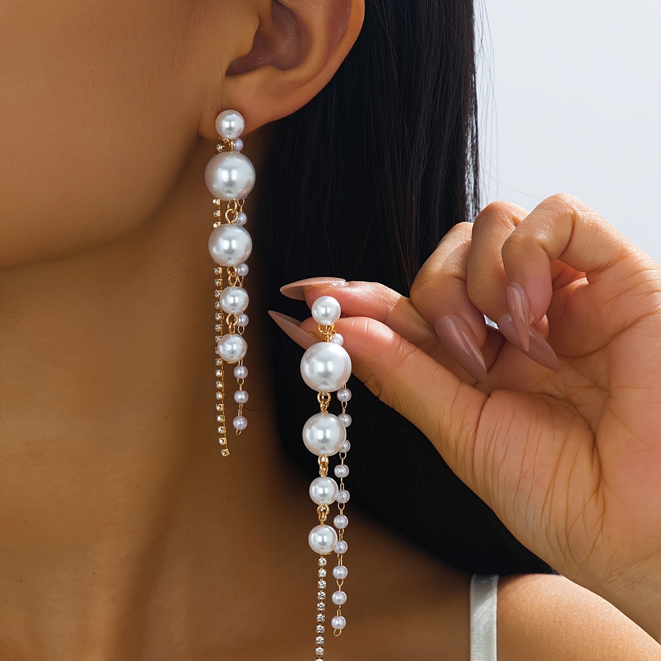 TEMU Un Par de Aretes Modernos y Sexys, Estilo Elegante y Tierno Minimalista, Hechos con Perlas y Cadenas de Piedras Sintéticas, Ideales para