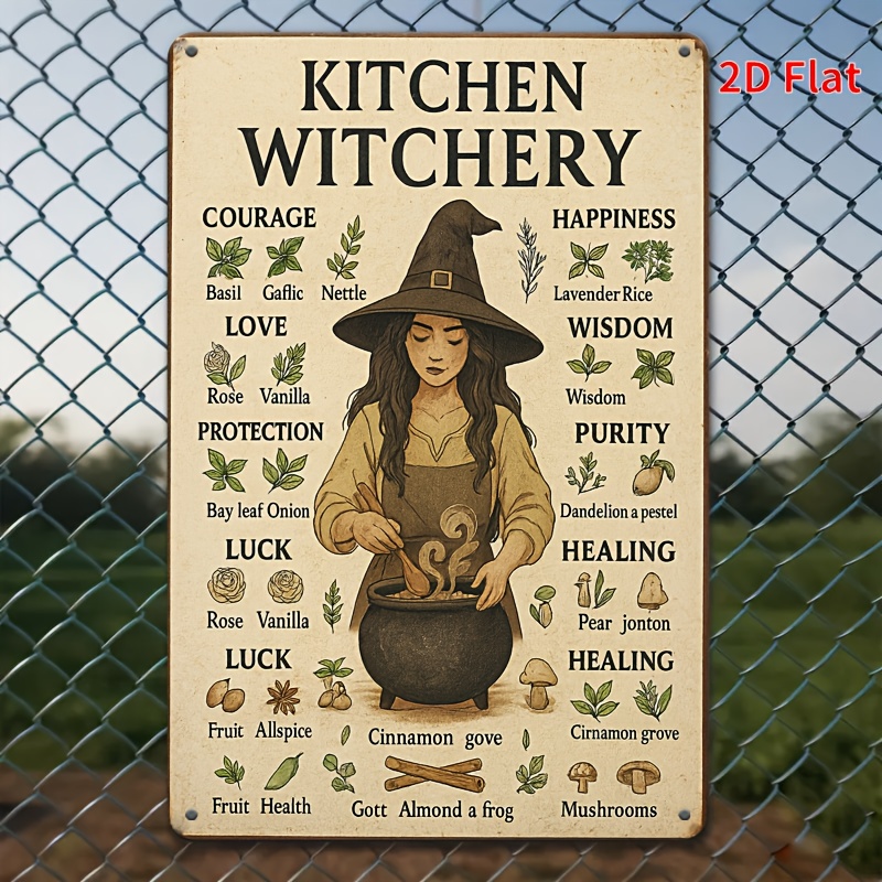 TEMU 2d Flat, A Vintage Metal Kitchen Witch Sign - 20.32x30.48cm, Rustic Wall Decor With Herbalism And Witchcraft Symbols, Perfect For Halloween,