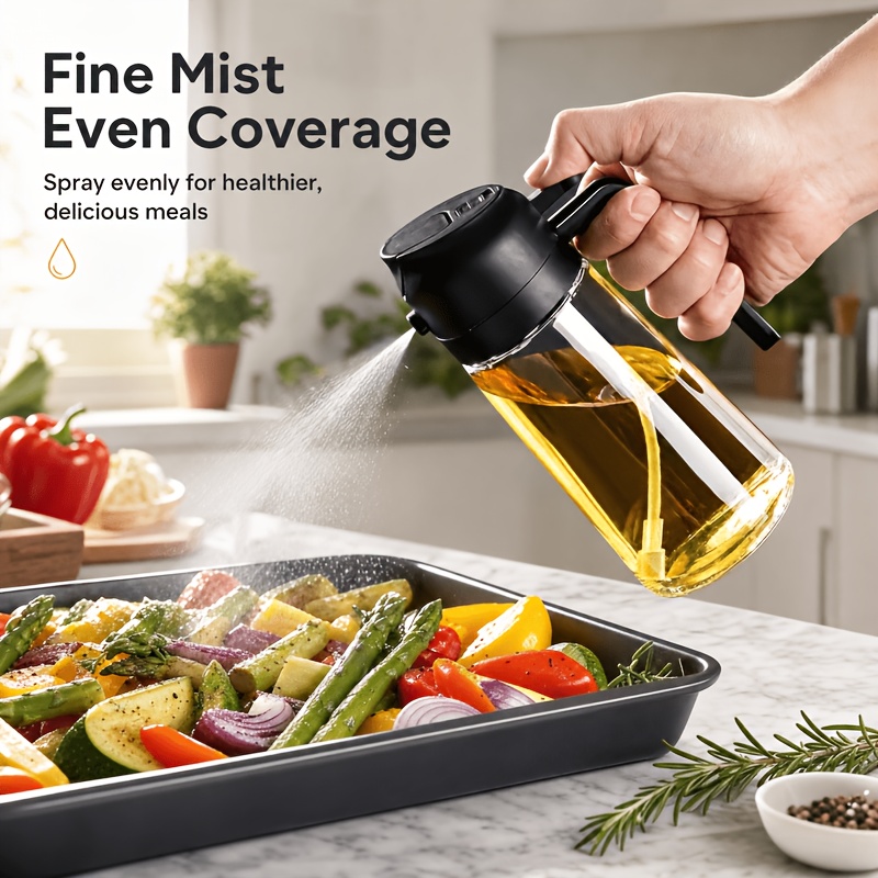 A 2-In-1 Portable Oil Spray Bottle And Pouring Container for Olive Oil, 470ML Plastic Kitchen Oil Bottle Suitable for Cooking, Grilling, Air Frying, Baking, And Salads