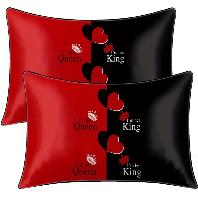 2pcs black red satin pillowcases with heart print im her queen 100 polyester envelope closure bedroom decor machine washable luxury pillow covers accent design smooth texture home decor elegant pillowcases durable material decorative pillowcases Product details 0