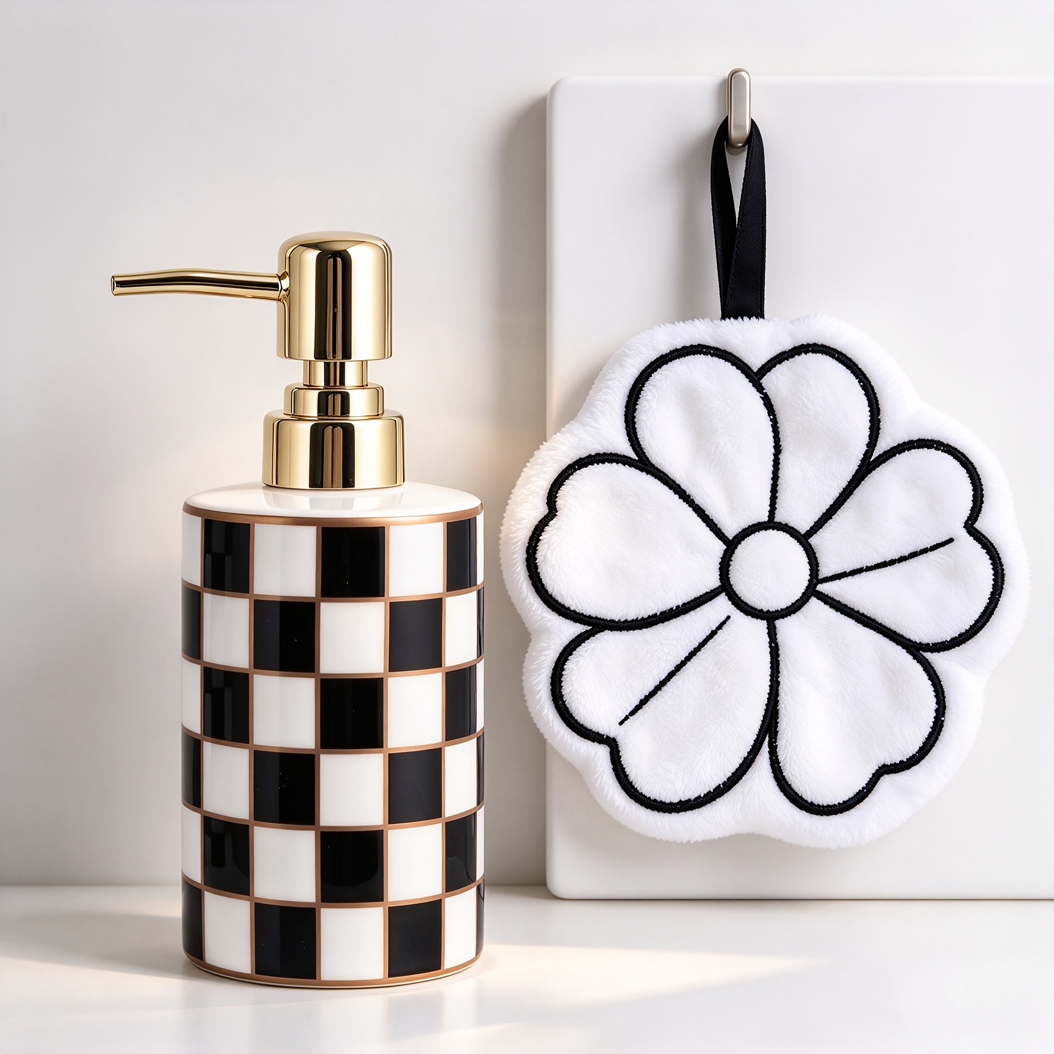 TEMU Checkered Bathroom Soap Dispenser With Camellia Hand Towel, Golden Pump Ceramic Soap Dispenser, Checkerboard Empty Pump Bottle For Kitchen,