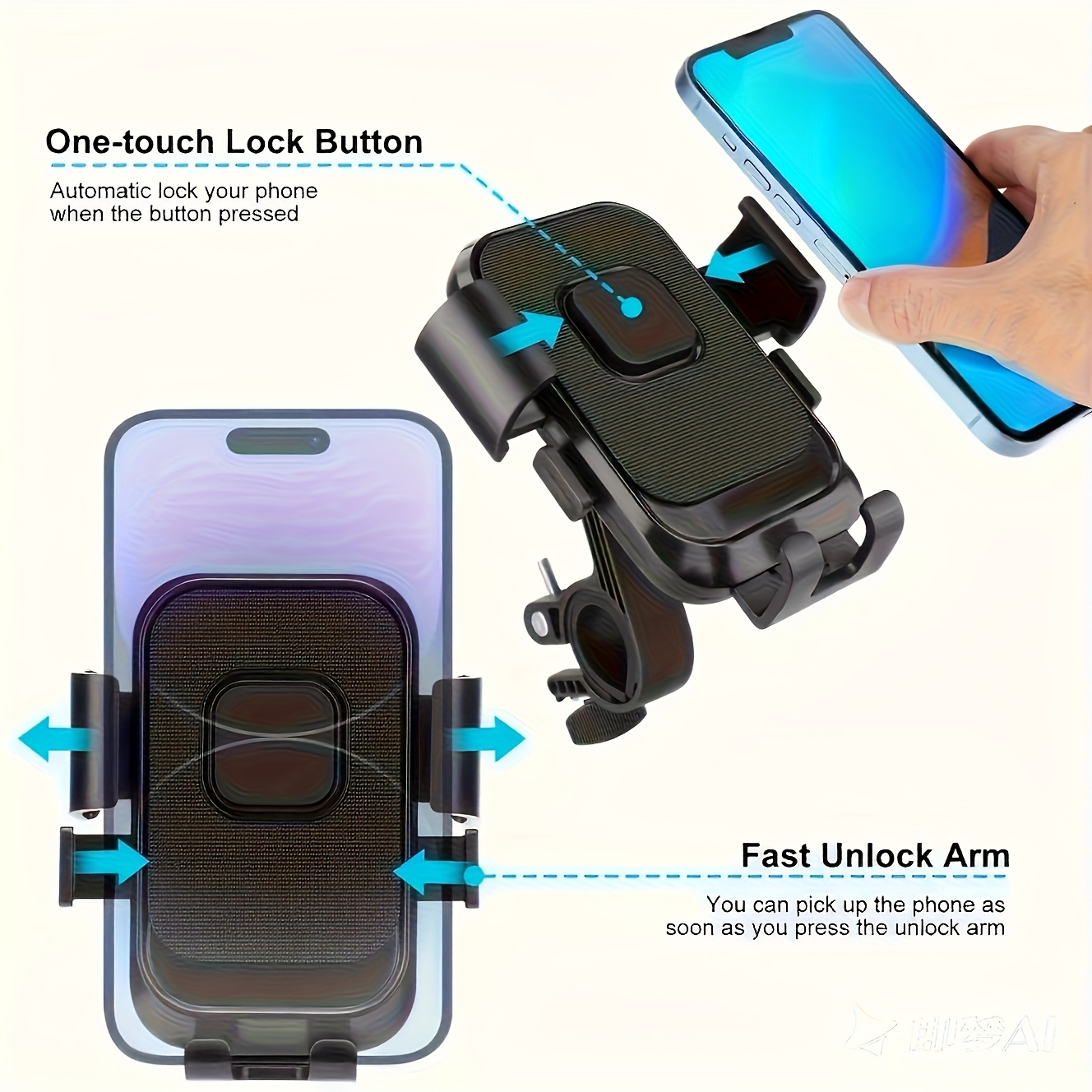 Motorcycle and Bicycle Handlebar Phone Mount with 1s Auto Lock and 10s Quick Install Compatible with iPhone and Samsung