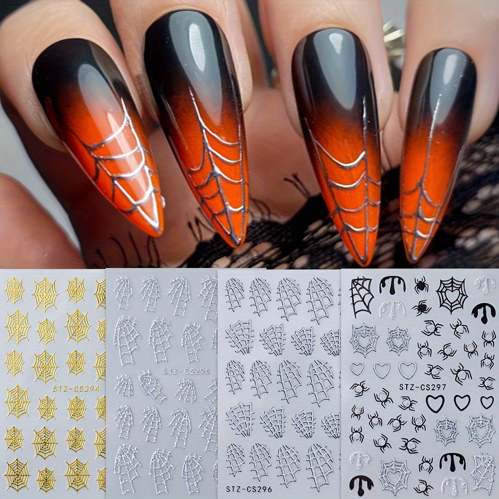 

Nail Sticker Set-4 Self-adhesive 3d Acrylic Decals With Cobwebs, Hearts, Geometric Patterns-shiny Cartoon-themed Nail Decorations For Ladies And Girls-one-time Salon Quality Nail Accessories