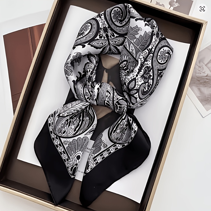 TEMU Vintage Black And White Flower Nut Pattern Women' Head Scarf, 27.5" Smooth And Breathable For Spring/autumn/summer Use Headband Scarf Shawl