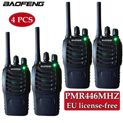 set of 4 pmr 446mhz walkie talkies that do not a license featuring 16 channels a flashlight option and providing clear long distance communication use by restaurant staff during driving camping cycling hunting